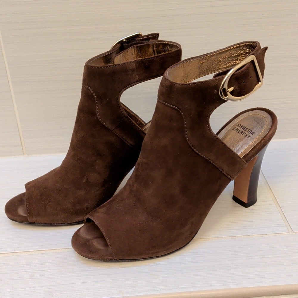 Johnston & Murphy Dark Brown Suede Peep-Toe Heels